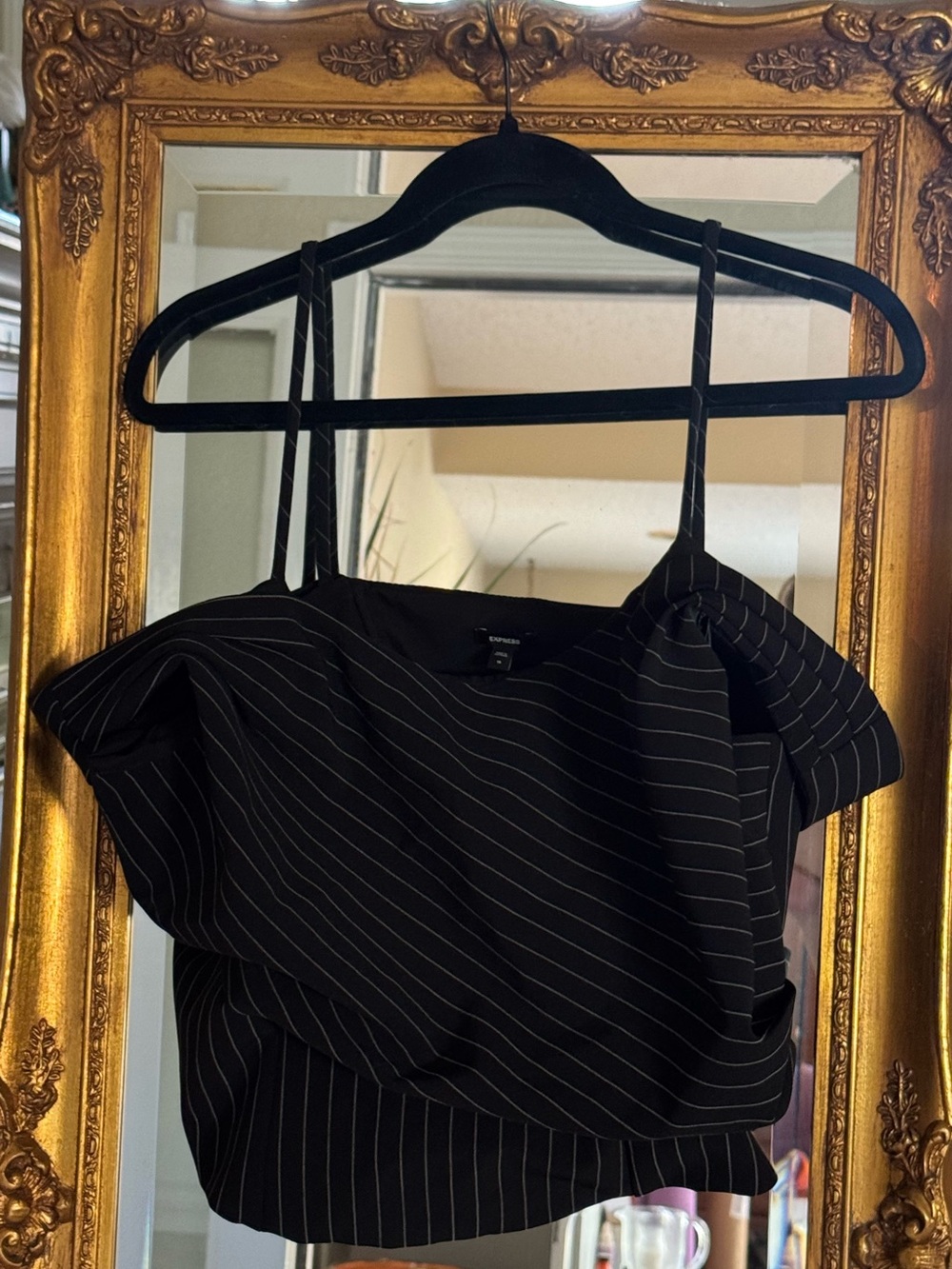 Express Black Pinstripe Off-Shoulder Crop Top NWT